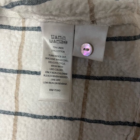 Tahari White Plaid Linen Cotton Blend Button Down Top - Picture 5 of 6